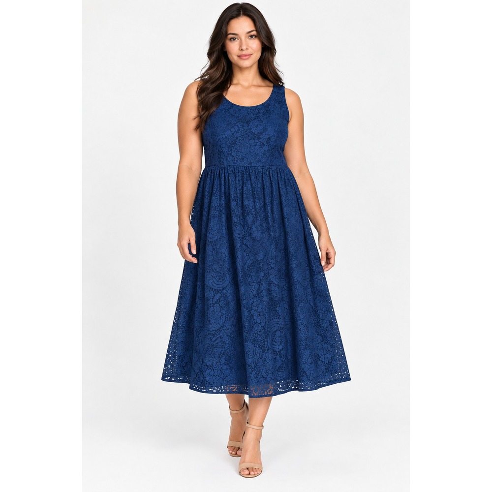 Lane Bryant Dress Womens 20 Blue Lace Scoop Neck Sleeveless Fit & Flare Midi